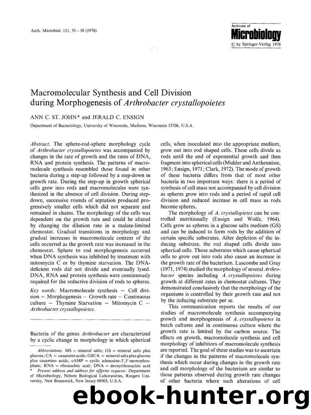 Macromolecular synthesis and cell division during morphogenesis of <Emphasis Type="Italic">Arthrobacter crystallopoietes<Emphasis> by Unknown