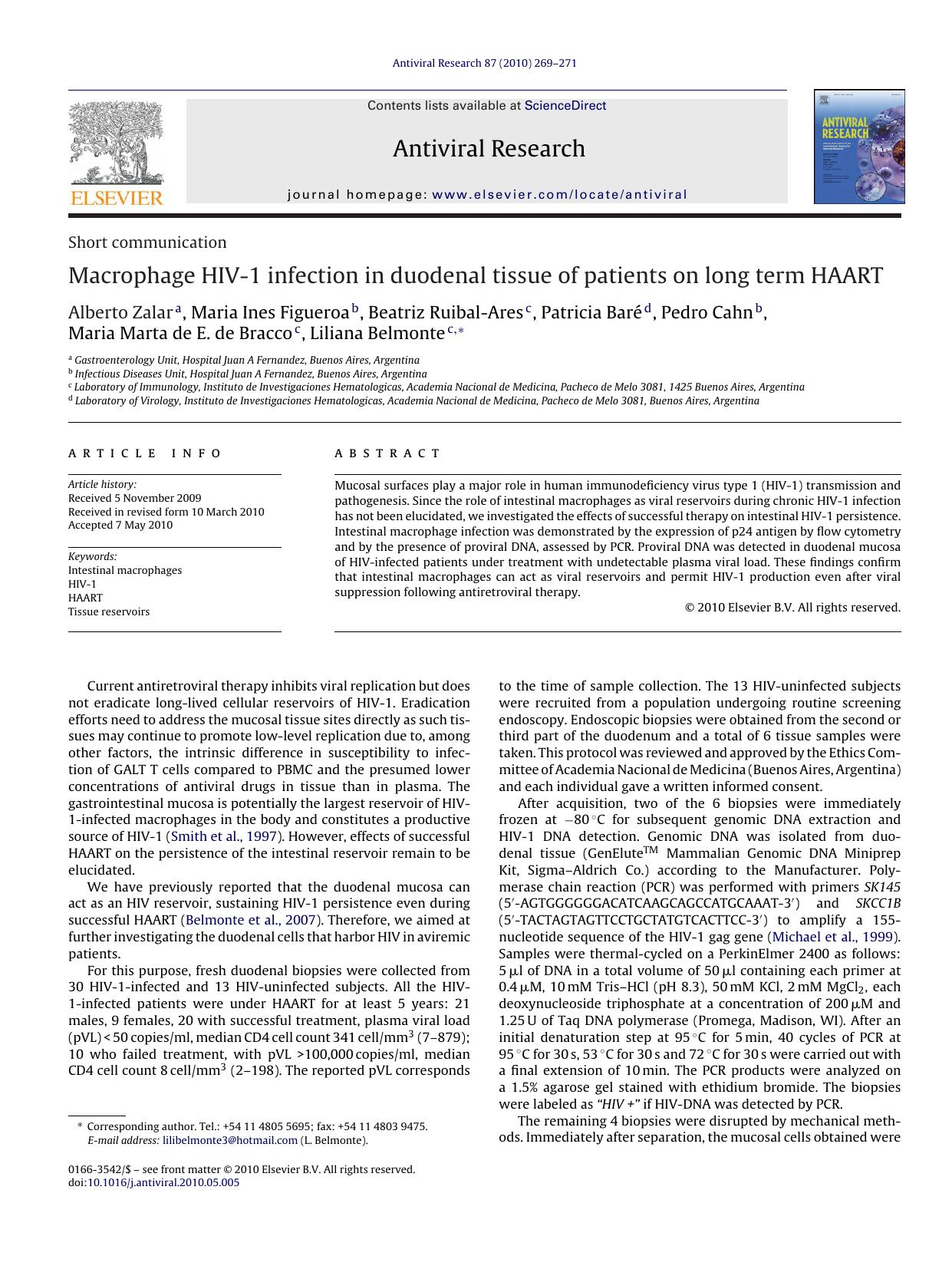 Macrophage HIV-1 infection in duodenal tissue of patients on long term HAART by Alberto Zalar