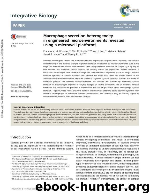 Macrophage secretion heterogeneity in engineered microenvironments revealed using a microwell platform by Frances Y. McWhorter & Tim D. Smith & Thuy U. Luu & Maha K. Rahim & Jered B. Haun & Wendy F. Liu