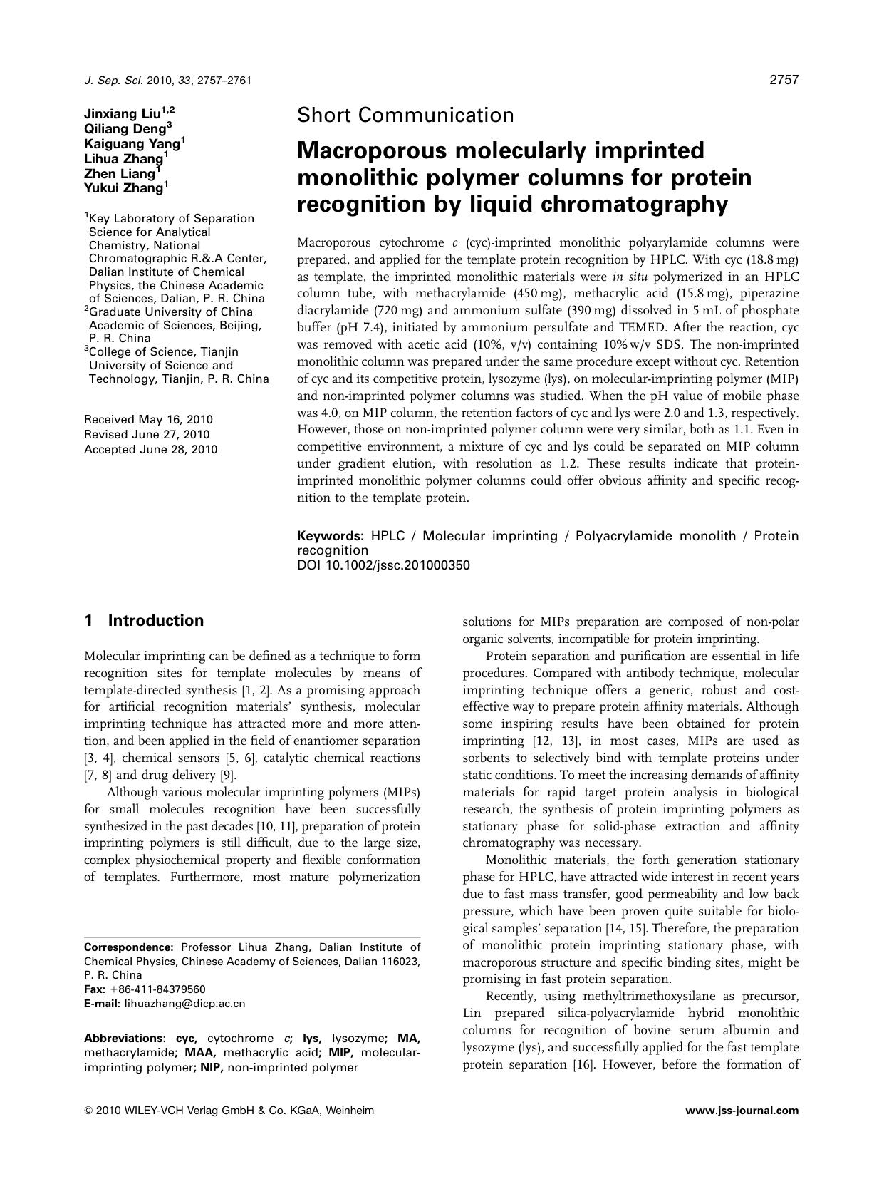Macroporous molecularly imprinted monolithic polymer columns for protein recognition by liquid chromatography by Unknown