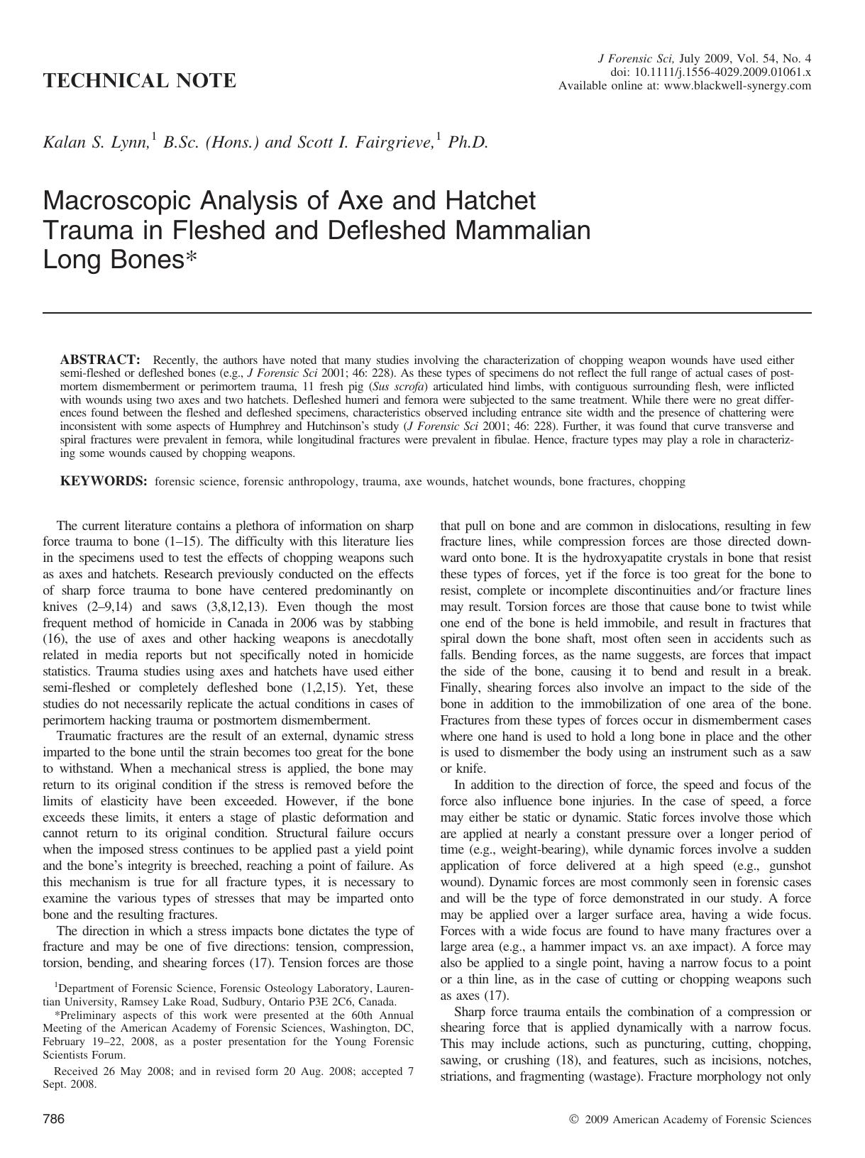 Macroscopic Analysis of Axe and Hatchet Trauma in Fleshed and Defleshed Mammalian Long Bones* by Unknown