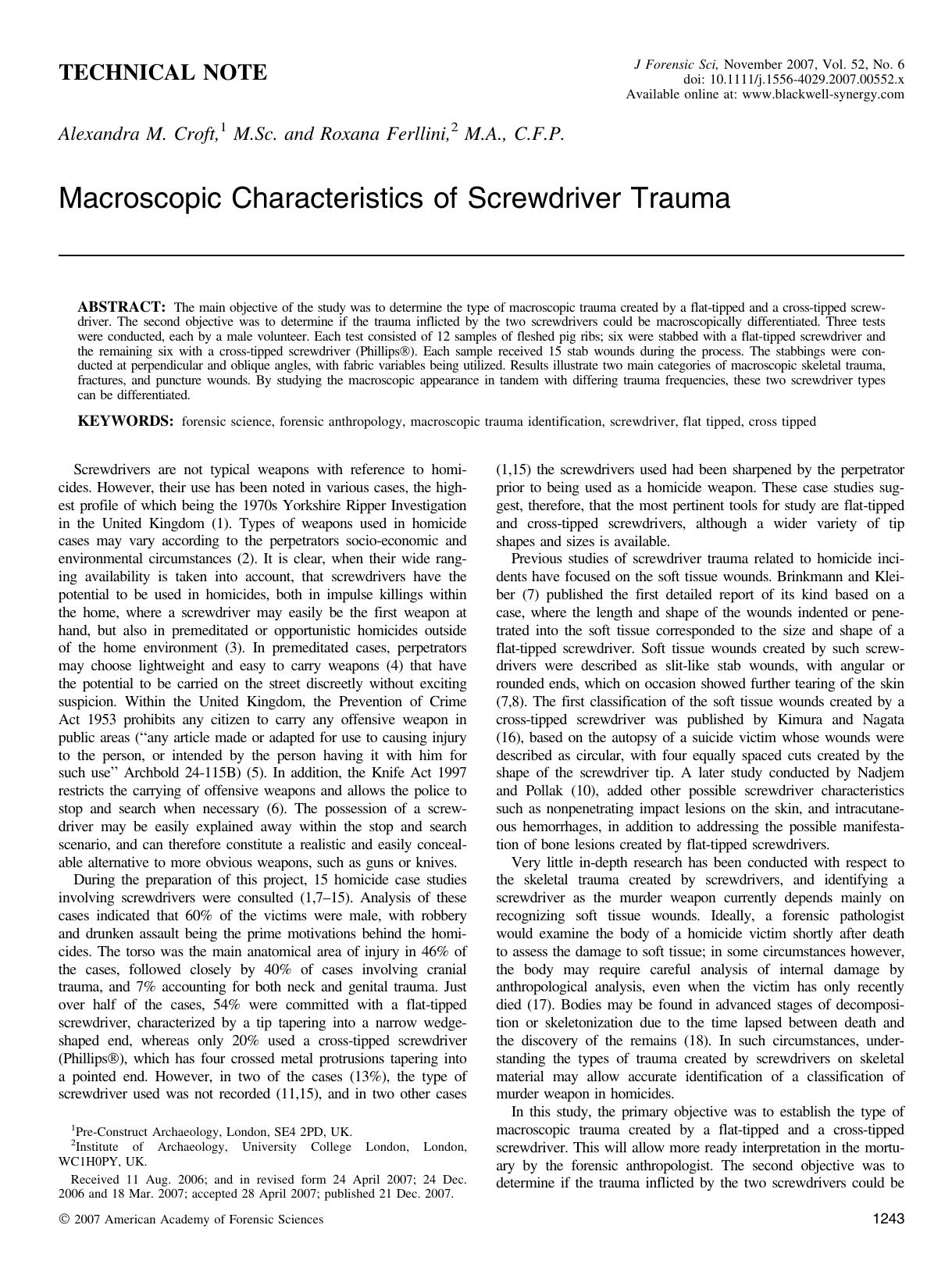 Macroscopic Characteristics of Screwdriver Trauma by Unknown
