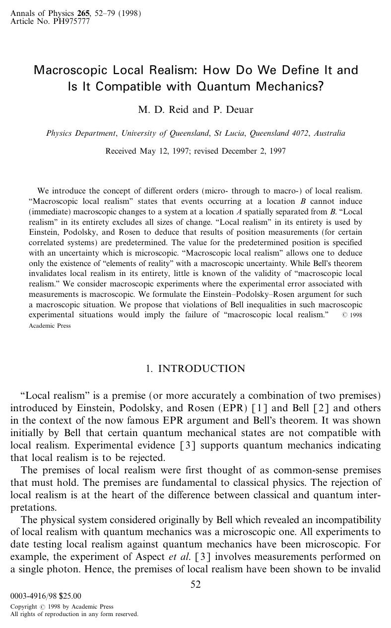 Macroscopic Local Realism: How Do We Define It and Is It Compatible with Quantum Mechanics? by Reid M. D. et al