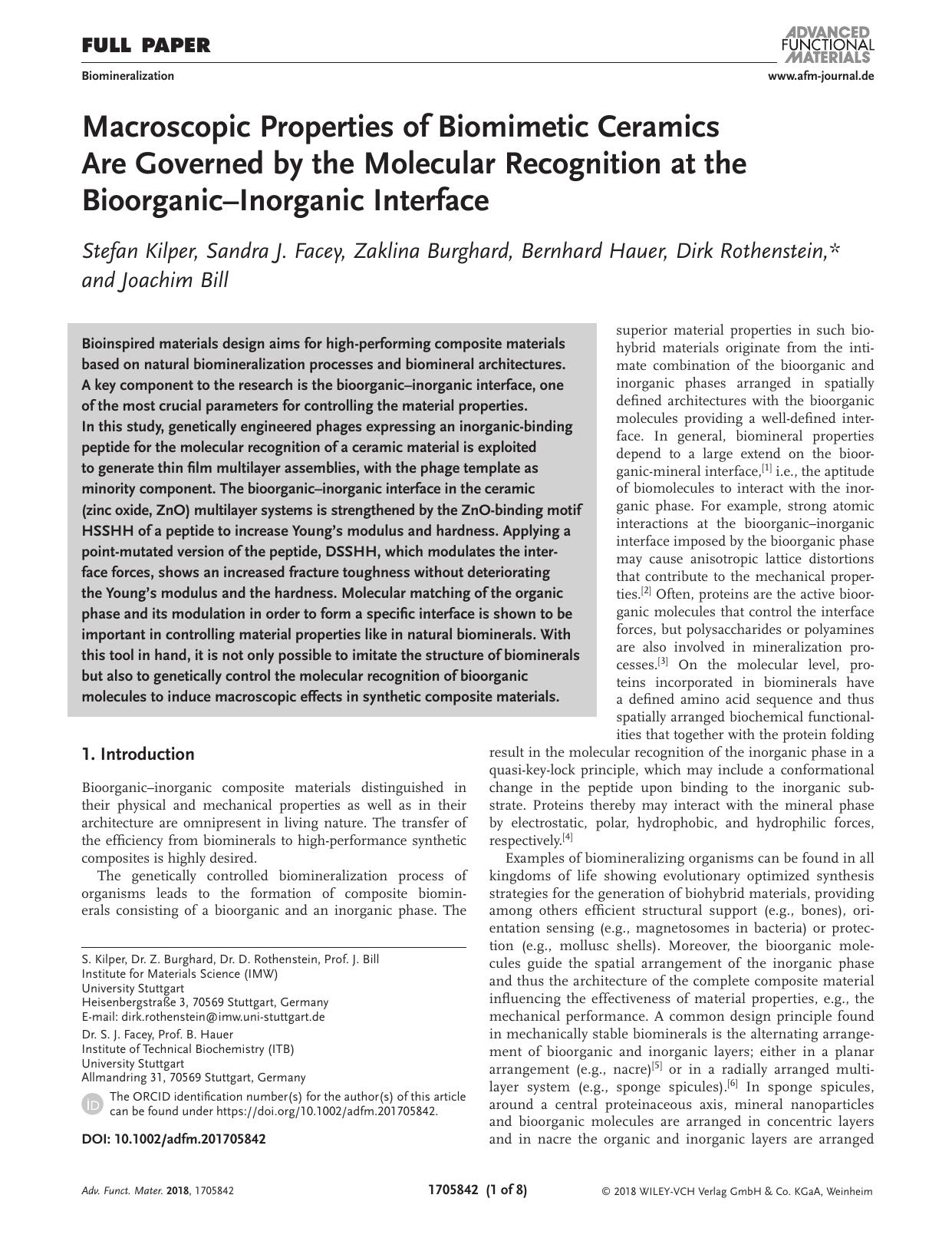 Macroscopic Properties of Biomimetic Ceramics Are Governed by the Molecular Recognition at the Bioorganic&#x02013;Inorganic Interface by Unknown