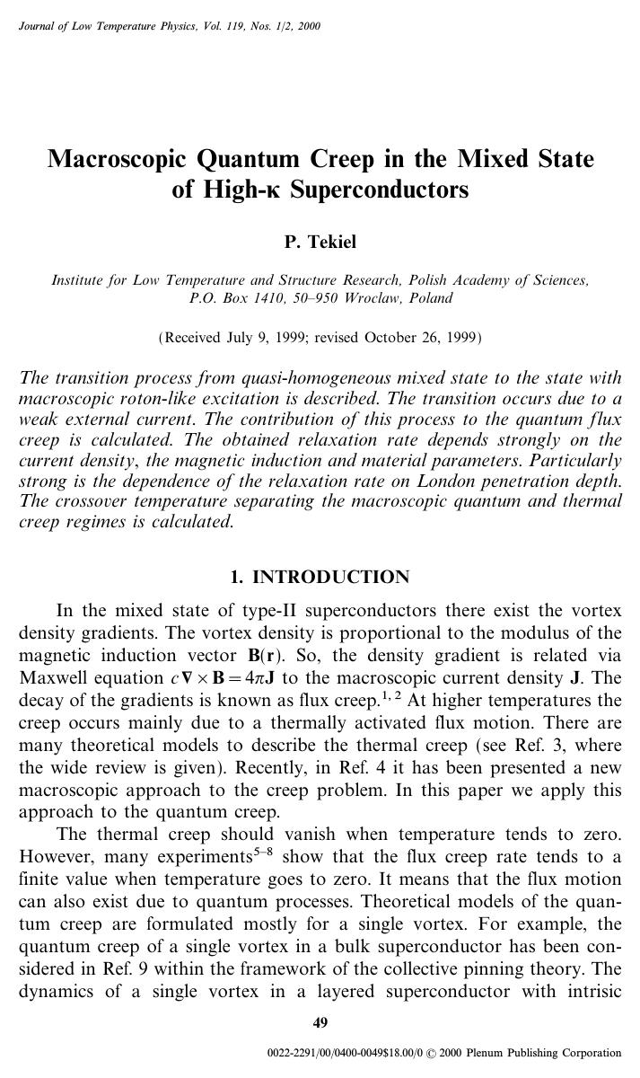 Macroscopic Quantum Creep in the Mixed State of High-κ Superconductors by Unknown