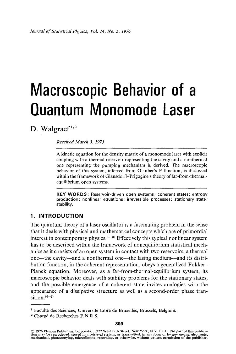 Macroscopic behavior of a quantum monomode laser by Unknown