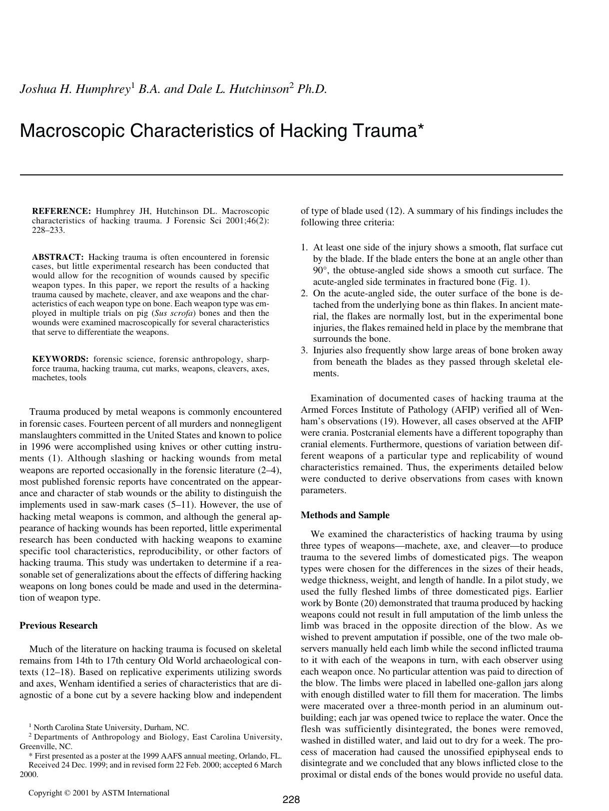 Macroscopic characteristics of hacking trauma by Humphrey JH Hutchinson DL