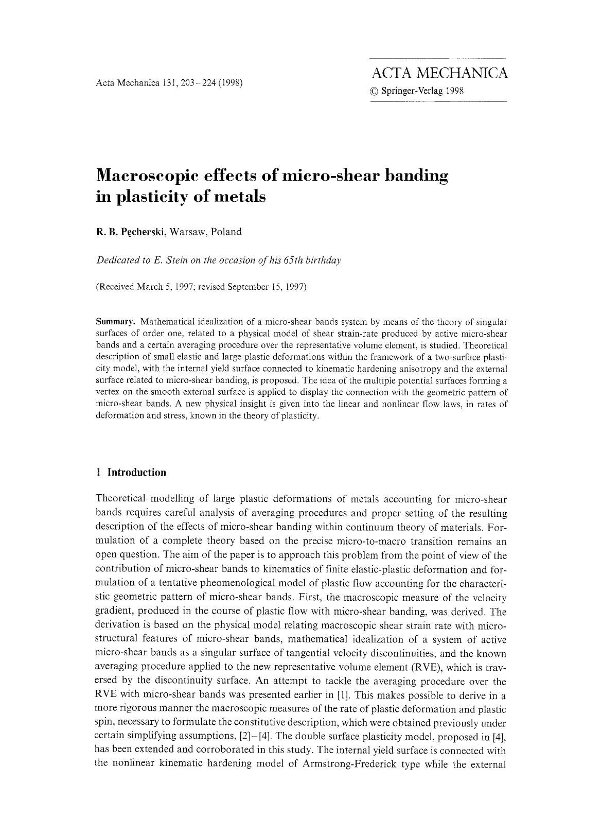 Macroscopic effects of micro-shear banding in plasticity of metals by Unknown