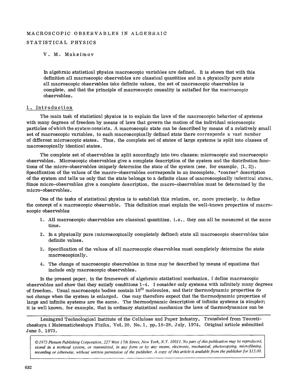 Macroscopic observables in algebraic statistical physics by Unknown