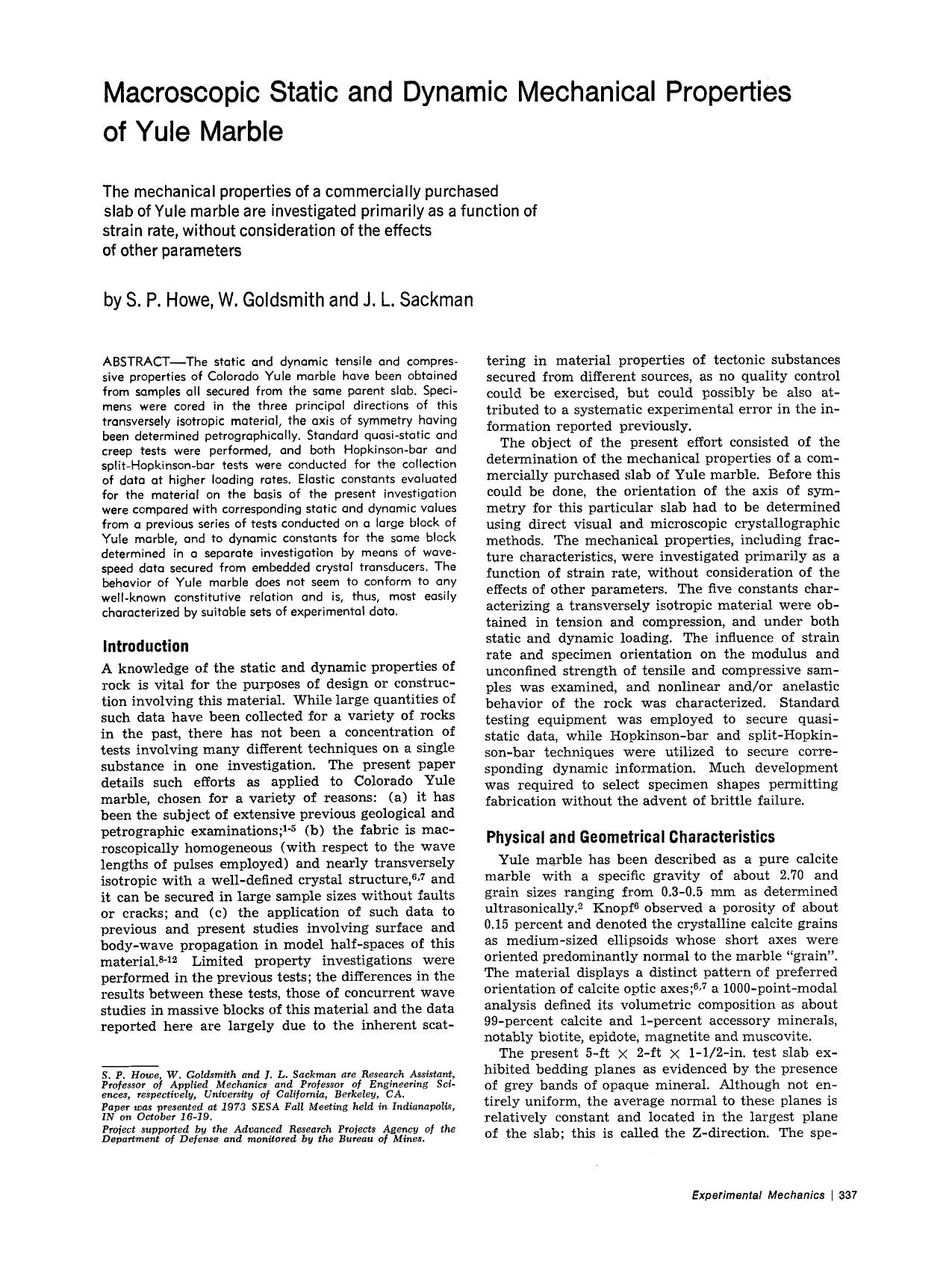 Macroscopic static and dynamic mechanical properties of Yule marble by Unknown