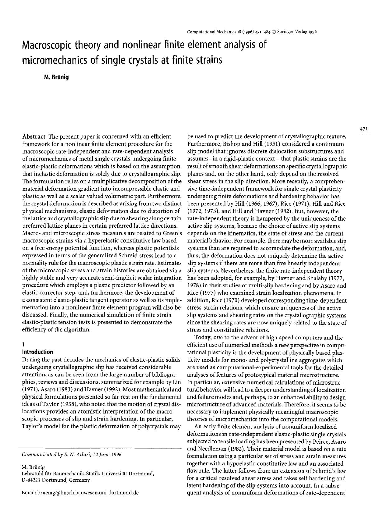 Macroscopic theory and nonlinear finite element analysis of micromechanics of single crystals at finite strains by Unknown