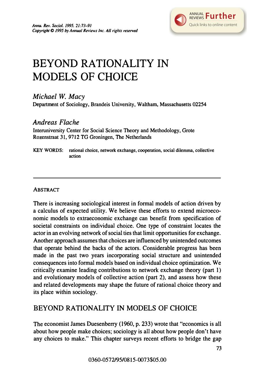 Macy and Flache 1995 Beyond Rationality Models of Choice by Unknown