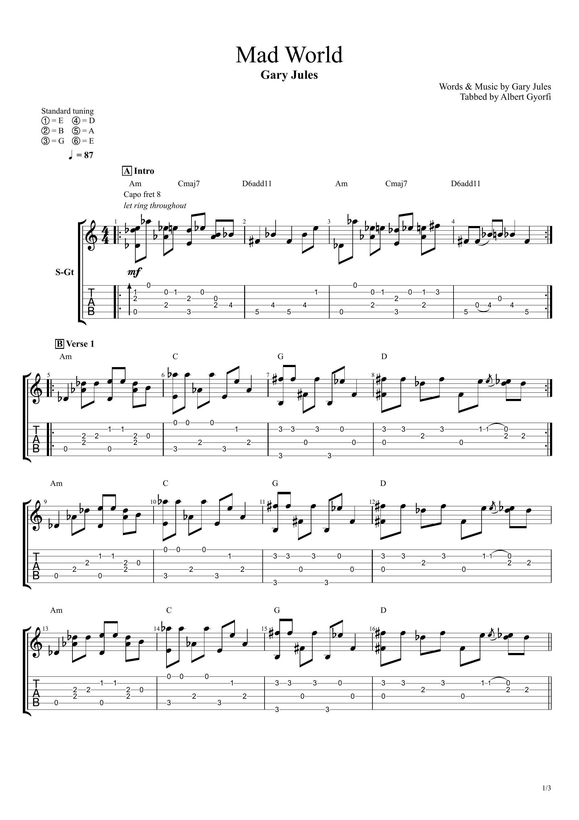 Mad World - Gary Jules by Fingerstyle Arrangement by Albert Gyorfi