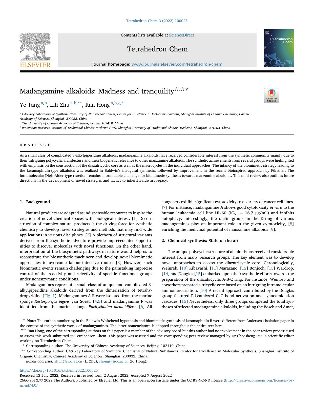 Madangamine alkaloids: Madness and tranquility by Ye Tang & Lili Zhu & Ran Hong