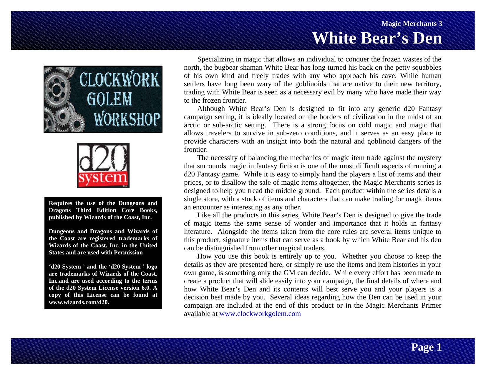 Magic Merchants 3: White Bear's Den by Clockwork Golem Workshop