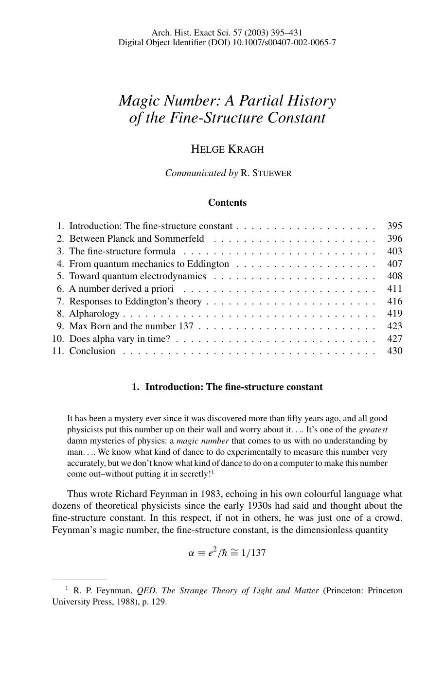 Magic Number: A Partial History of the Fine-Structure Constant by Kragh H