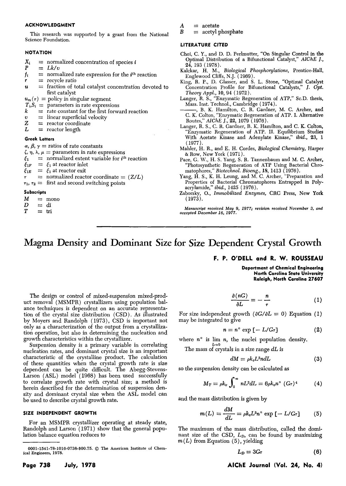 Magma density and dominant size for size dependent crystal growth by Unknown