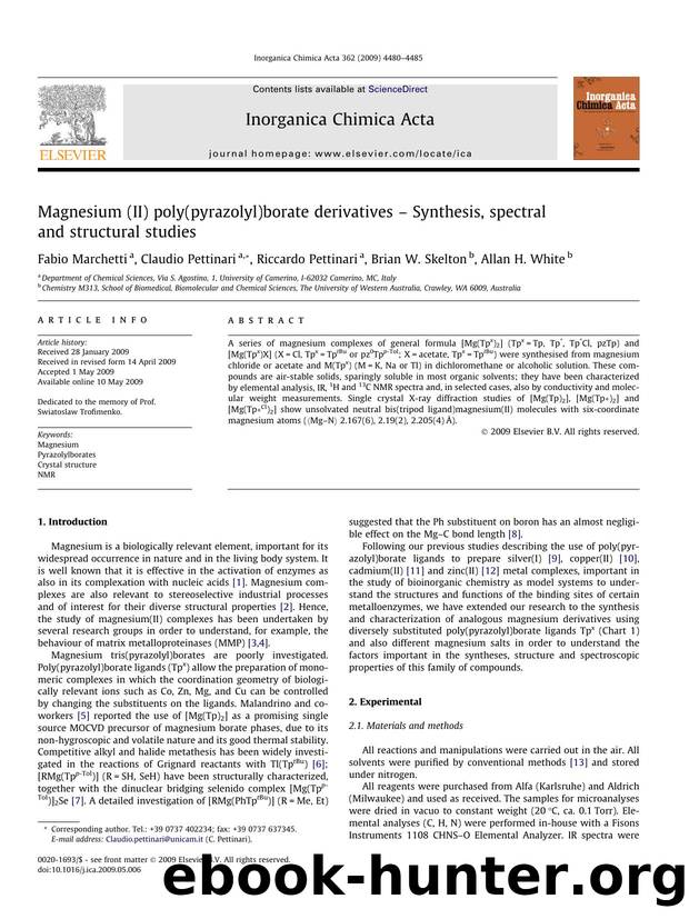 Magnesium (II) poly(pyrazolyl)borate derivatives â Synthesis, spectral and structural studies by Fabio Marchetti; Claudio Pettinari; Riccardo Pettinari; Brian W. Skelton; Allan H. White