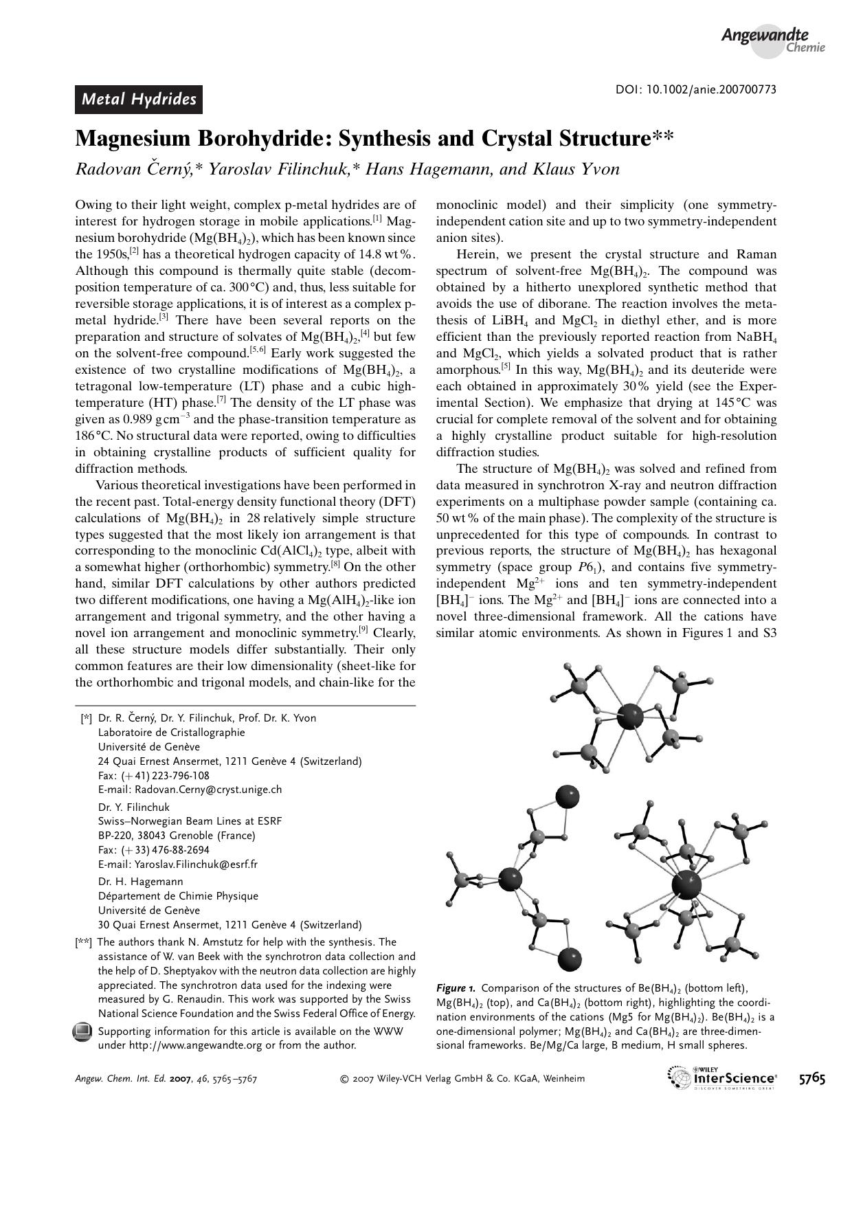 Magnesium Borohydride: Synthesis and Crystal Structure by Unknown