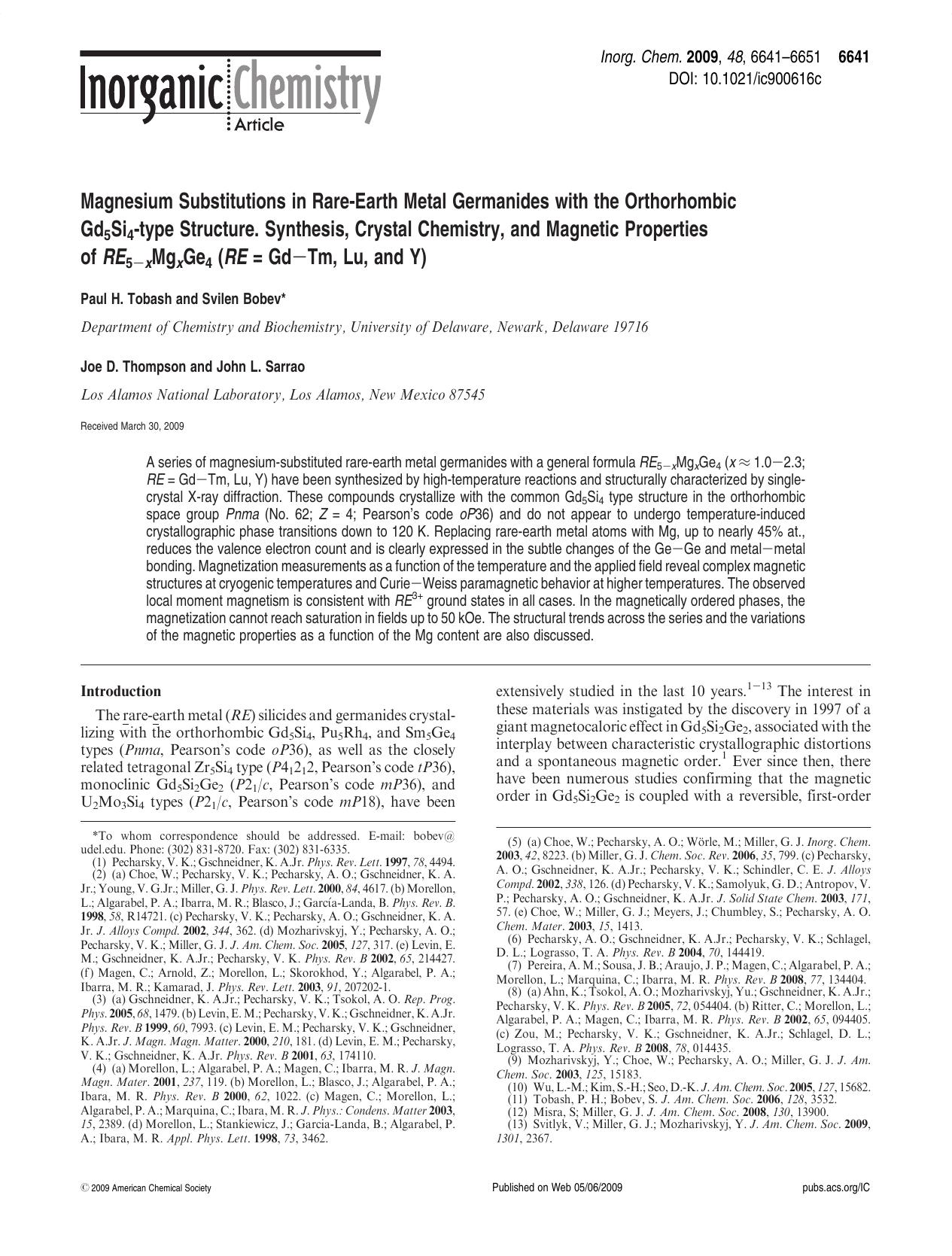 Magnesium Substitutions in Rare-Earth Metal Germanides with the Orthorhombic Gd5Si4-type Structure. Synthesis, Crystal Chemistry, and Magnetic Properties of RE5âxMgxGe4 (RE = GdâTm, Lu, and Y) by unknow