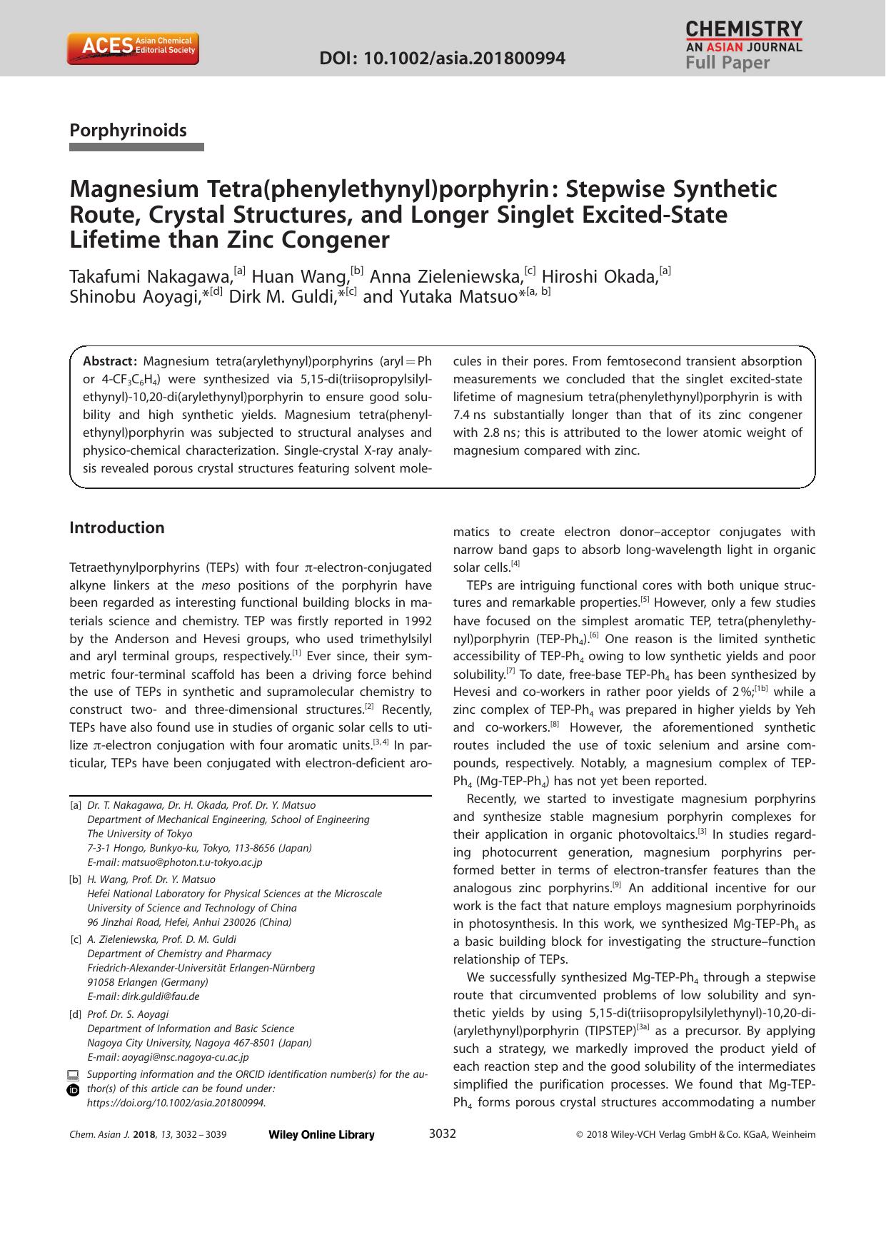 Magnesium Tetra(phenylethynyl)porphyrin: Stepwise Synthetic Route, Crystal Structures, and Longer Singlet ExcitedâState Lifetime than Zinc Congener by Unknown