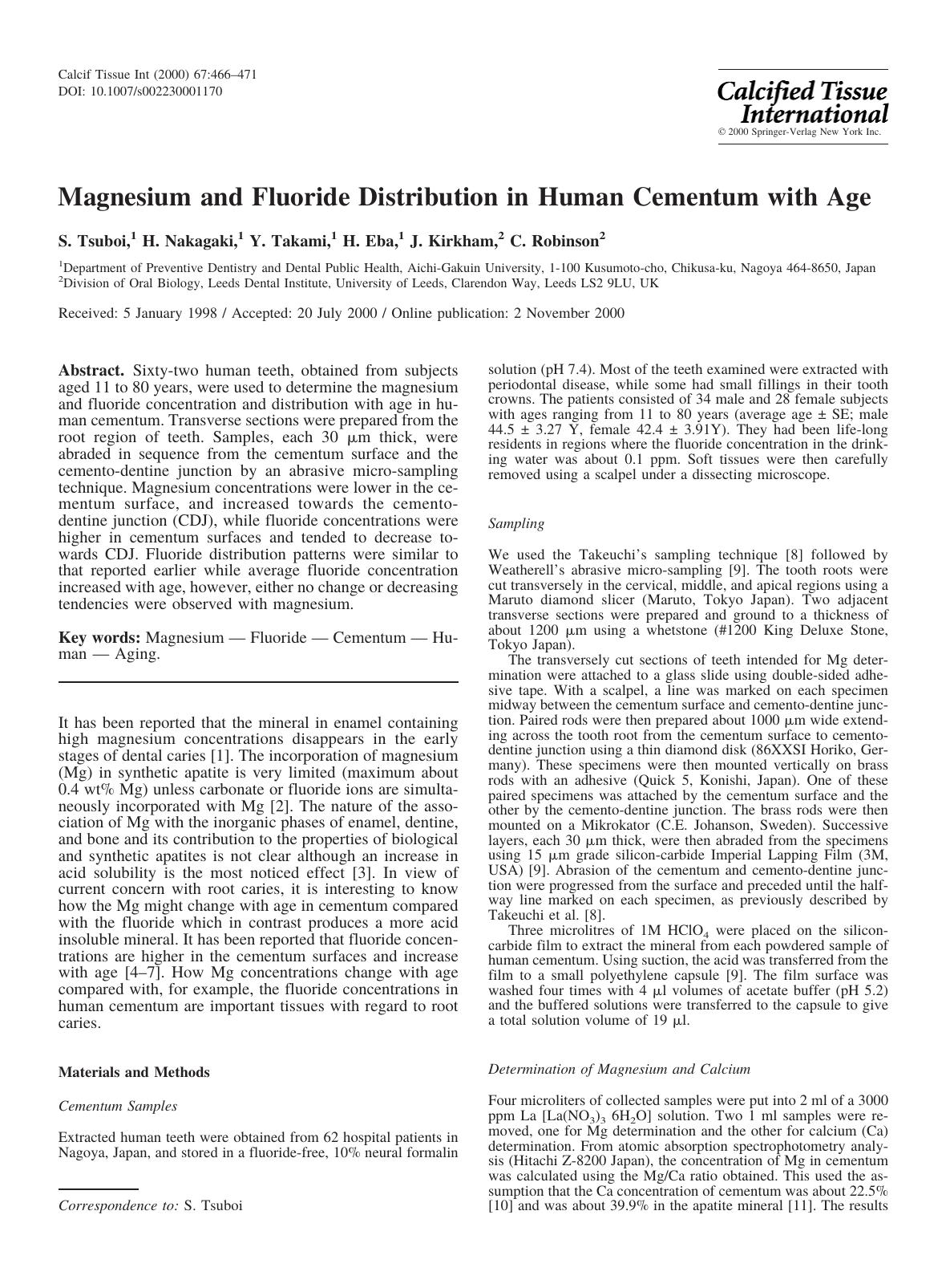 Magnesium and Fluoride Distribution in Human Cementum with Age by Tsuboi S. et al