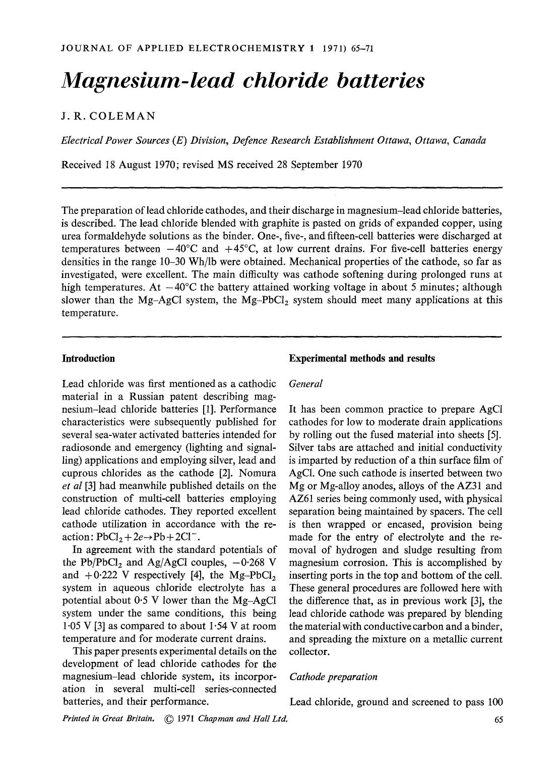 Magnesium-lead chloride batteries by Unknown