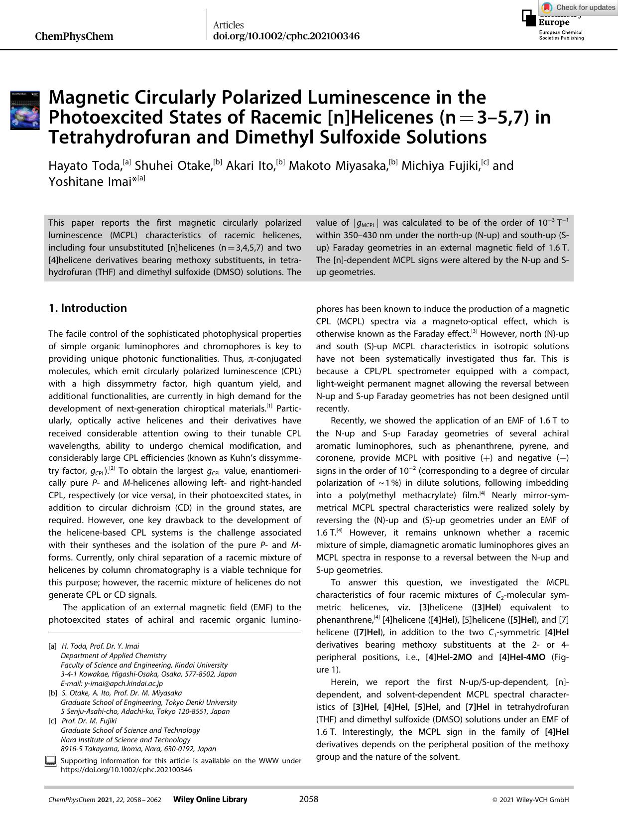 Magnetic Circularly Polarized Luminescence in the Photoexcited States of Racemic [n]Helicenes (n=3â5,7) in Tetrahydrofuran and Dimethyl Sulfoxide Solutions by Unknown