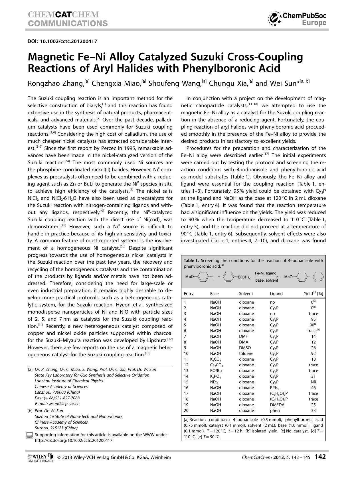 Magnetic FeNi Alloy Catalyzed Suzuki CrossCoupling Reactions of Aryl Halides with Phenylboronic Acid by Unknown