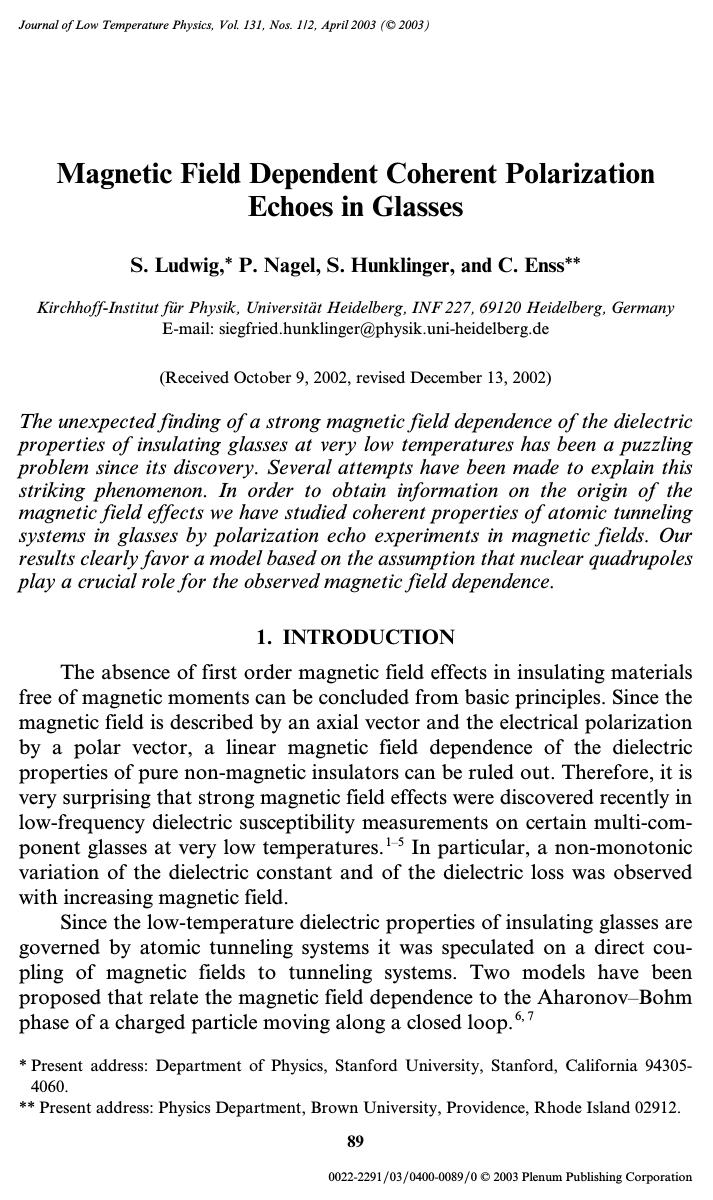 Magnetic Field Dependent Coherent Polarization Echoes in Glasses by Unknown