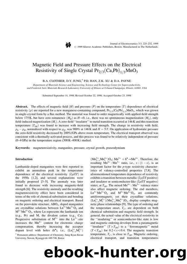 Magnetic Field and Pressure Effects on the Electrical Resistivity of Single Crystal Pr<Subscript>23<Subscript>(Ca,Pb)<Subscript>13<Subscript>MnO<Subscript>3<Subscript> by Unknown
