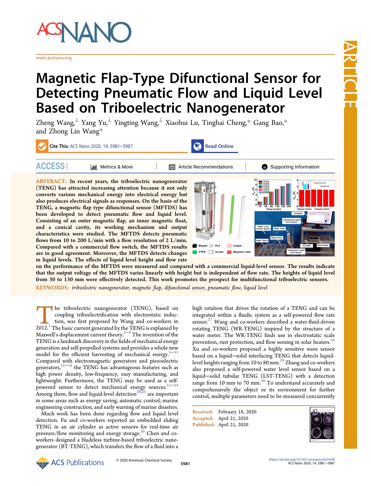 Magnetic Flap-Type Difunctional Sensor for Detecting Pneumatic Flow and Liquid Level Based on Triboelectric Nanogenerator by Zheng Wang Yang Yu Yingting Wang Xiaohui Lu Tinghai Cheng Gang Bao and Zhong Lin Wang