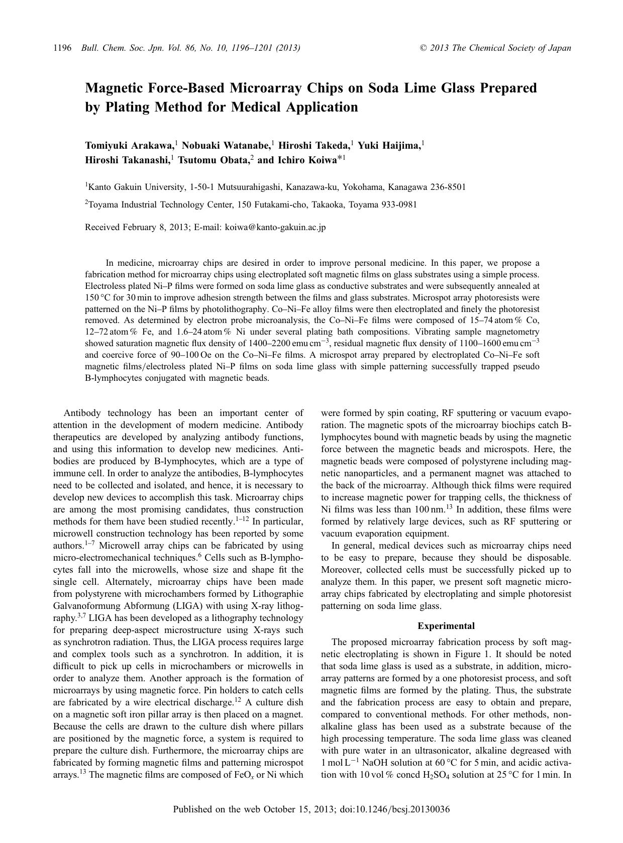 Magnetic Force-Based Microarray Chips on Soda Lime Glass Prepared by Plating Method for Medical Application by unknow