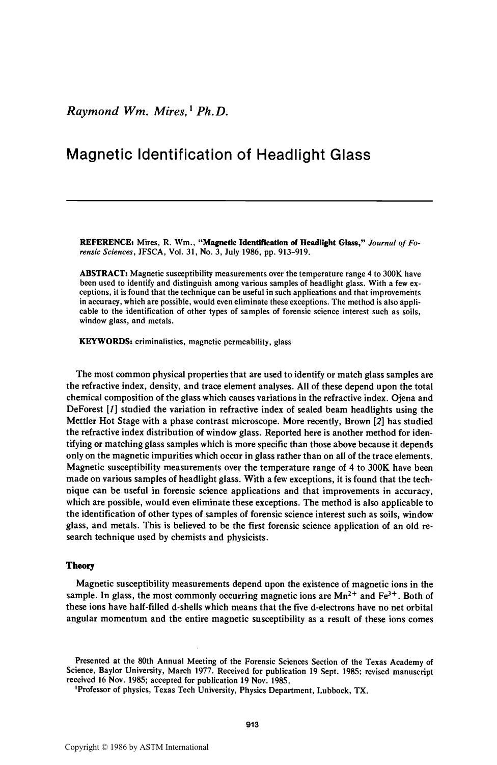 Magnetic Identification of Headlight Glass by Mires RWm