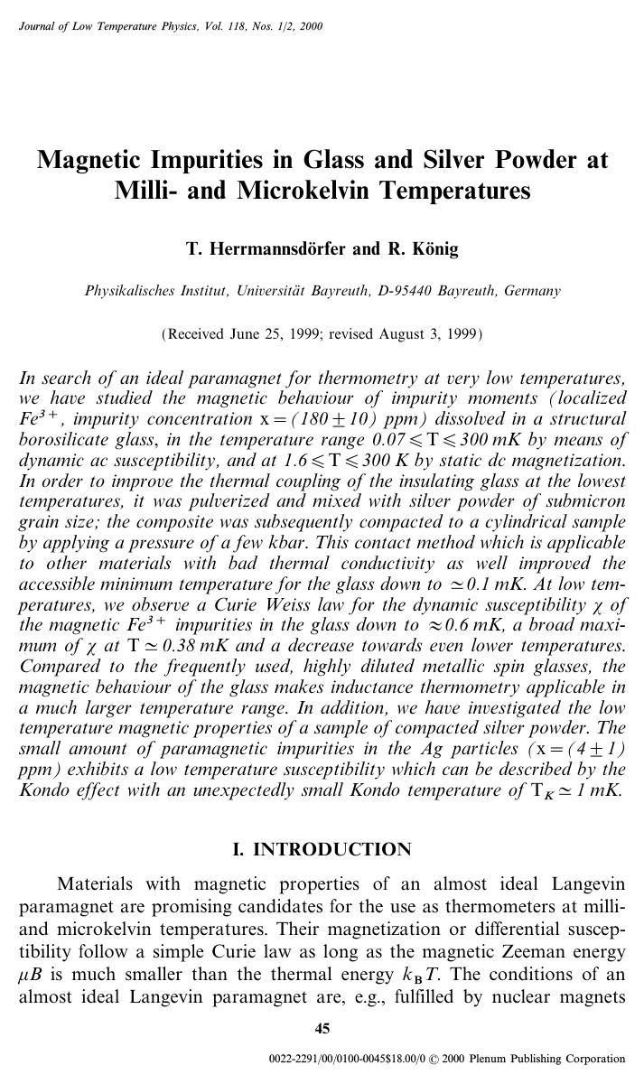 Magnetic Impurities in Glass and Silver Powder at Milli- and Microkelvin Temperatures by Unknown