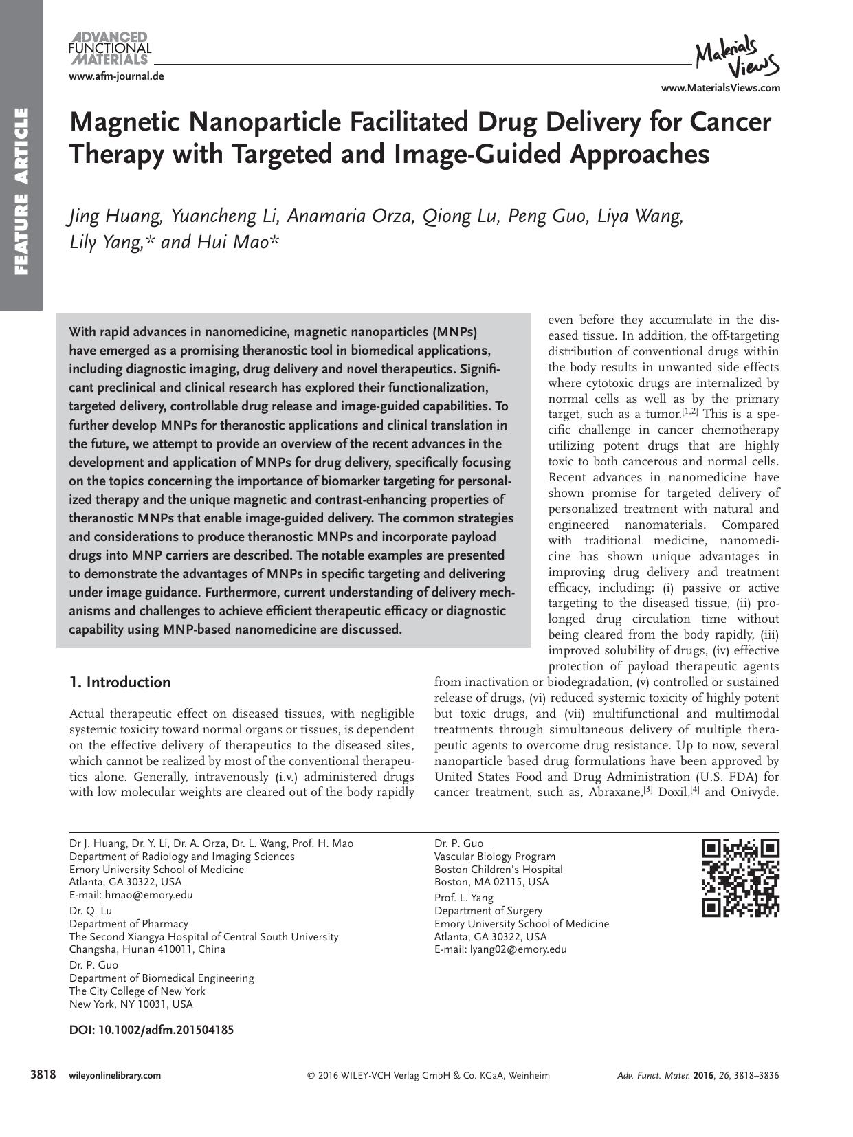 Magnetic Nanoparticle Facilitated Drug Delivery for Cancer Therapy with Targeted and Image&#x02010;Guided Approaches by Unknown