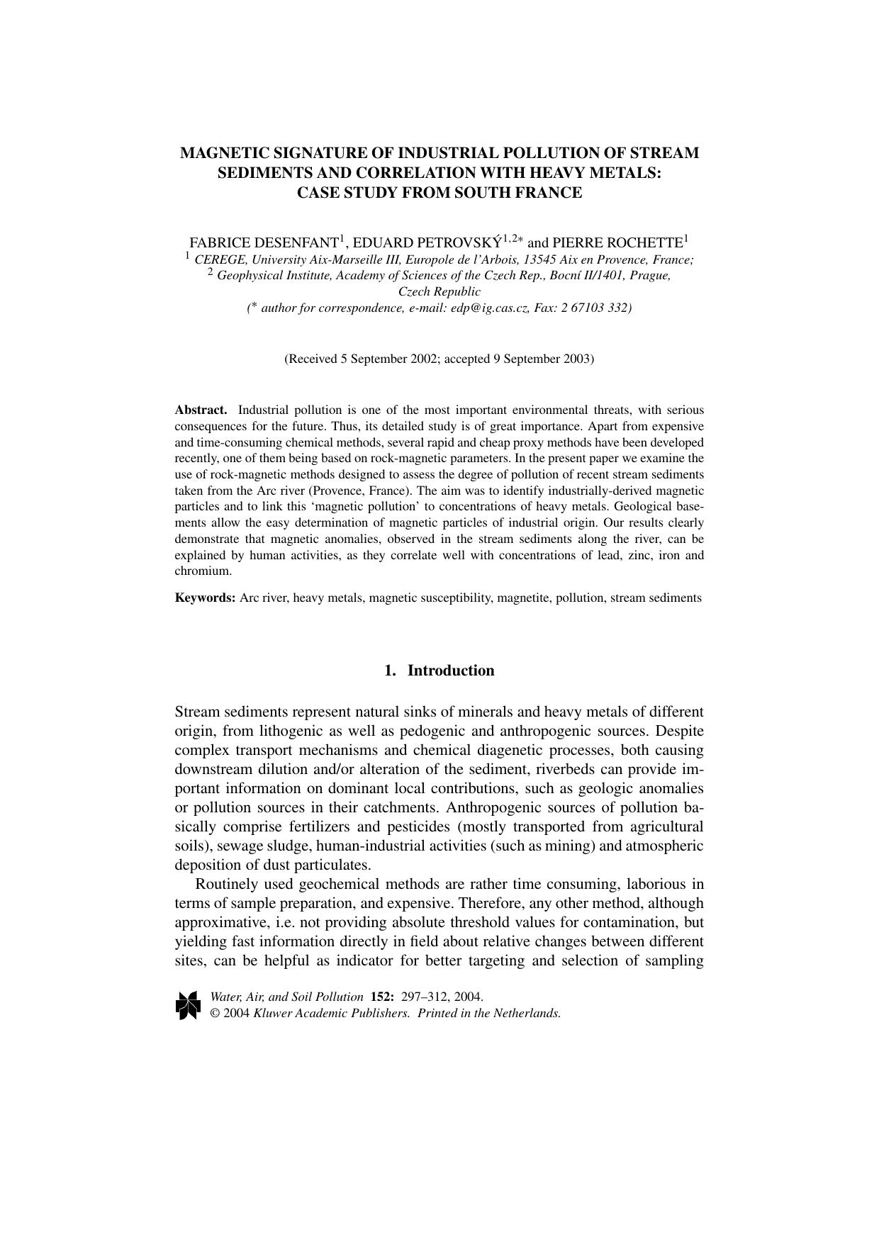 Magnetic Signature of Industrial Pollution of Stream Sediments and Correlation with Heavy Metals: Case Study from South France by Unknown