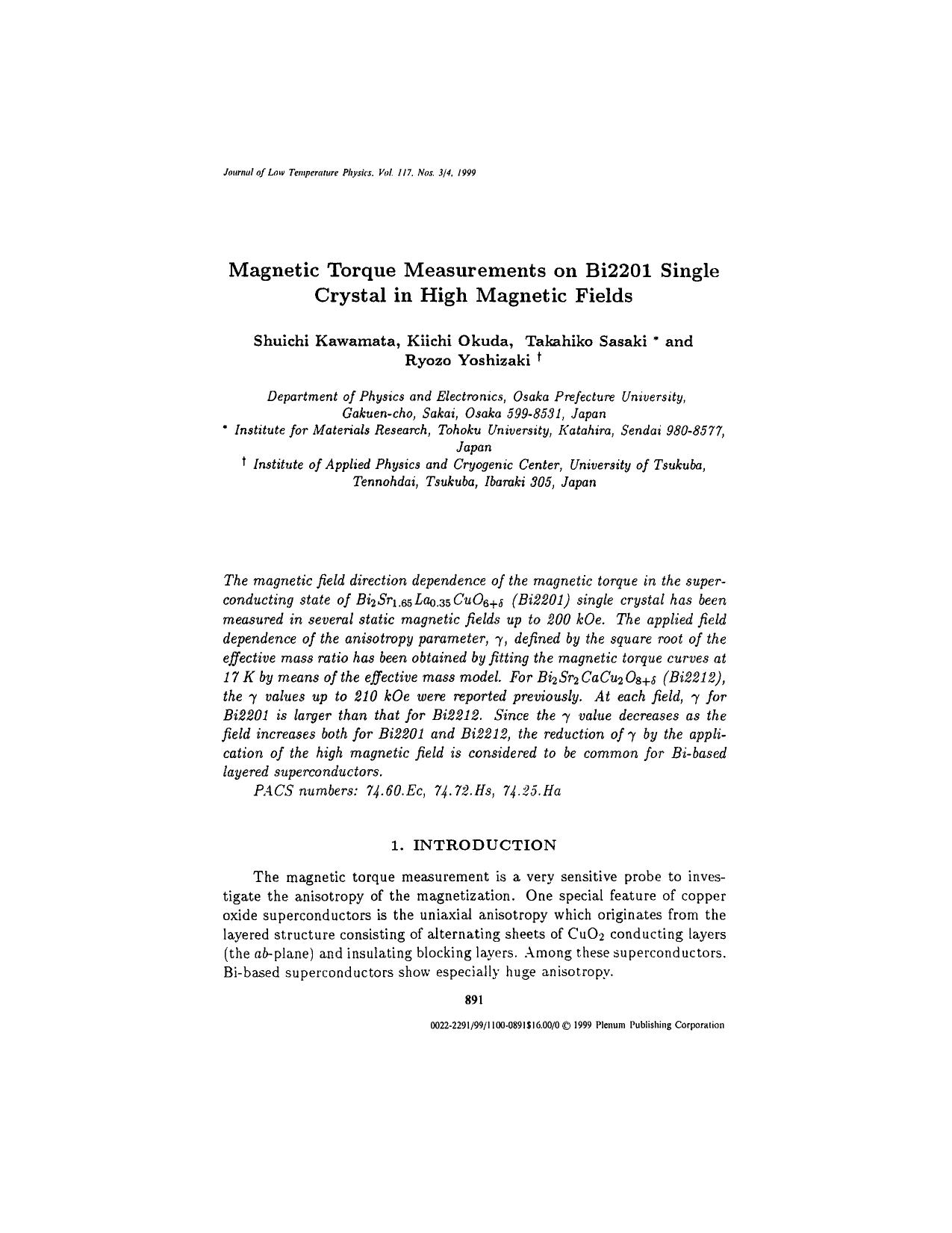 Magnetic Torque Measurements on Bi2201 Single Crystal in High Magnetic Fields by Unknown