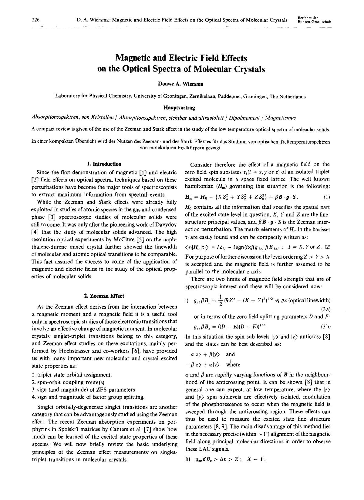 Magnetic and Electric Field Effects on the Optical Spectra of Molecular Crystals by Unknown