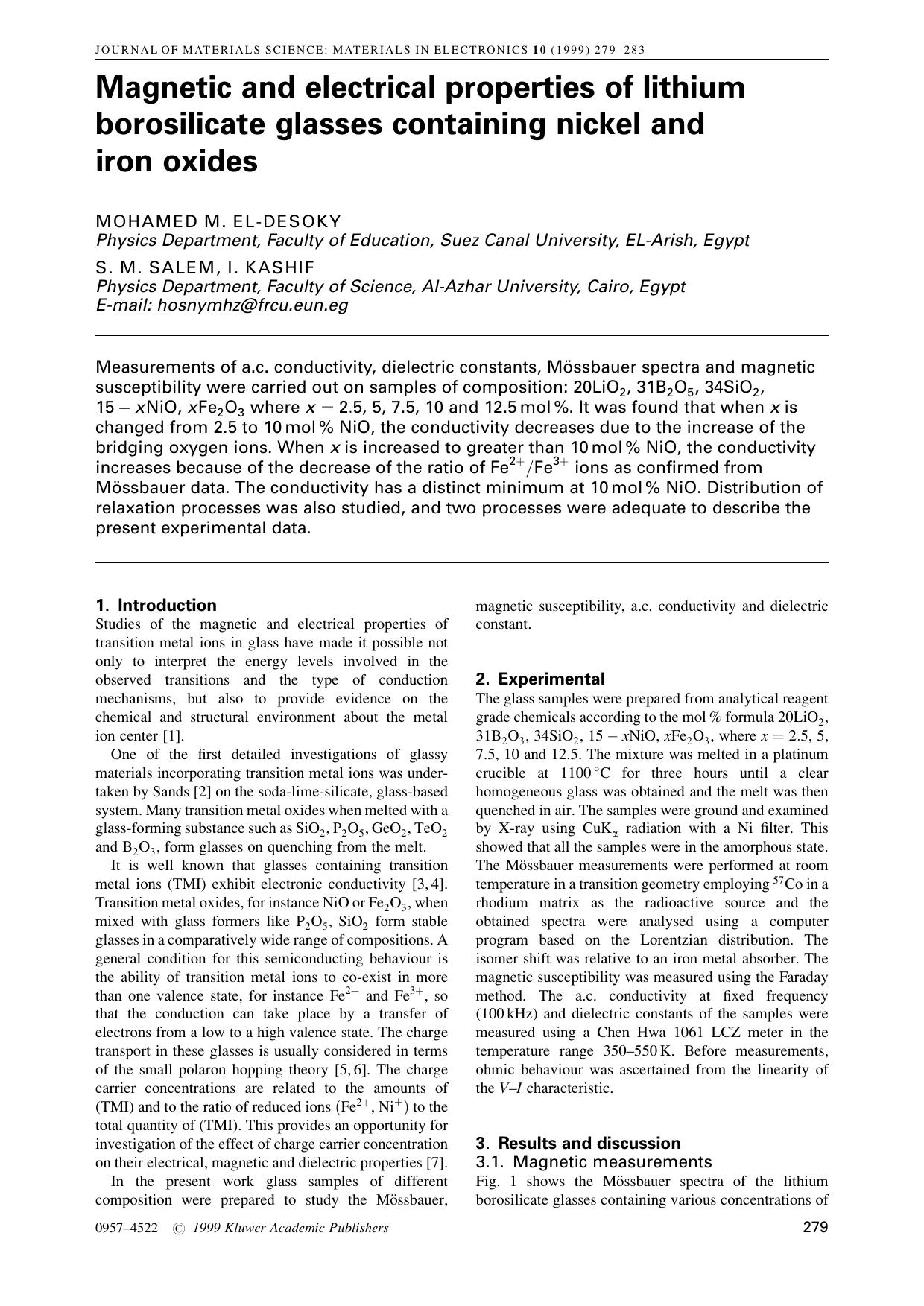 Magnetic and electrical properties of lithium borosilicate glasses containing nickel and iron oxides by Unknown