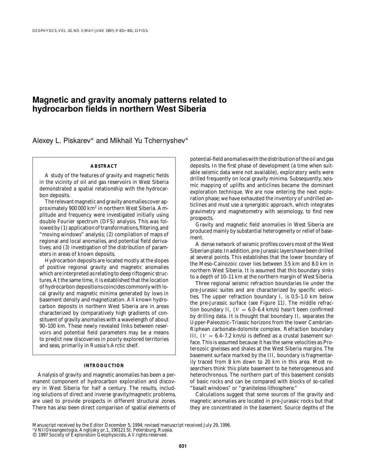Magnetic and gravity anomaly patterns related to hydrocarbon fields in northern West Siberia by A. L. Piskarev M. Y. Tchernyshev