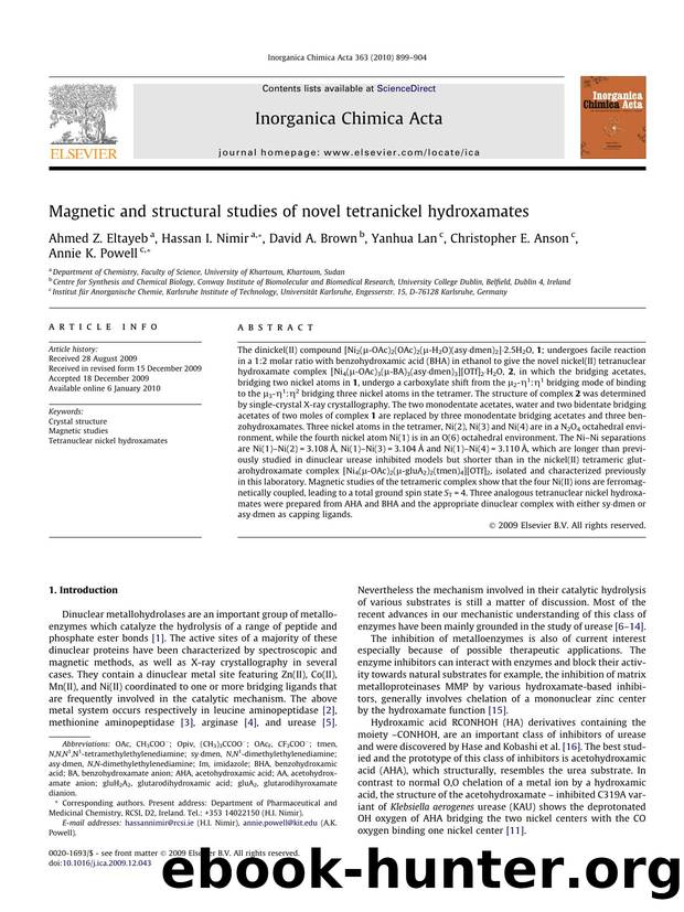 Magnetic and structural studies of novel tetranickel hydroxamates by Ahmed Z. Eltayeb; Hassan I. Nimir; David A. Brown; Yanhua Lan; Christopher E. Anson; Annie K. Powell