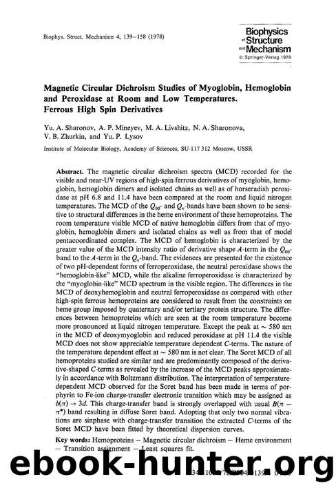 Magnetic circular dichroism studies of myoglobin, hemoglobin and peroxidase at room and low temperatures. Ferrous high spin derivatives by Unknown