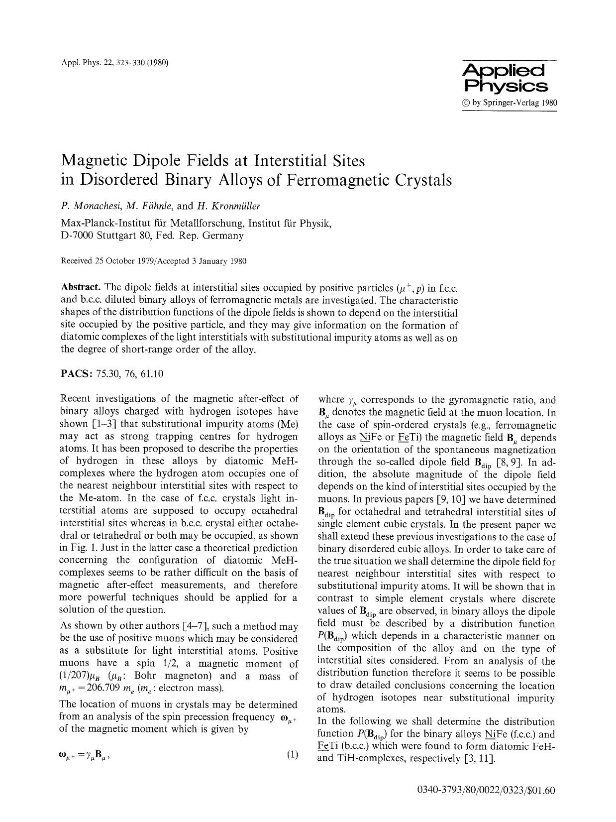 Magnetic dipole fields at interstitial sites in disordered binary alloys of ferromagnetic crystals by Unknown