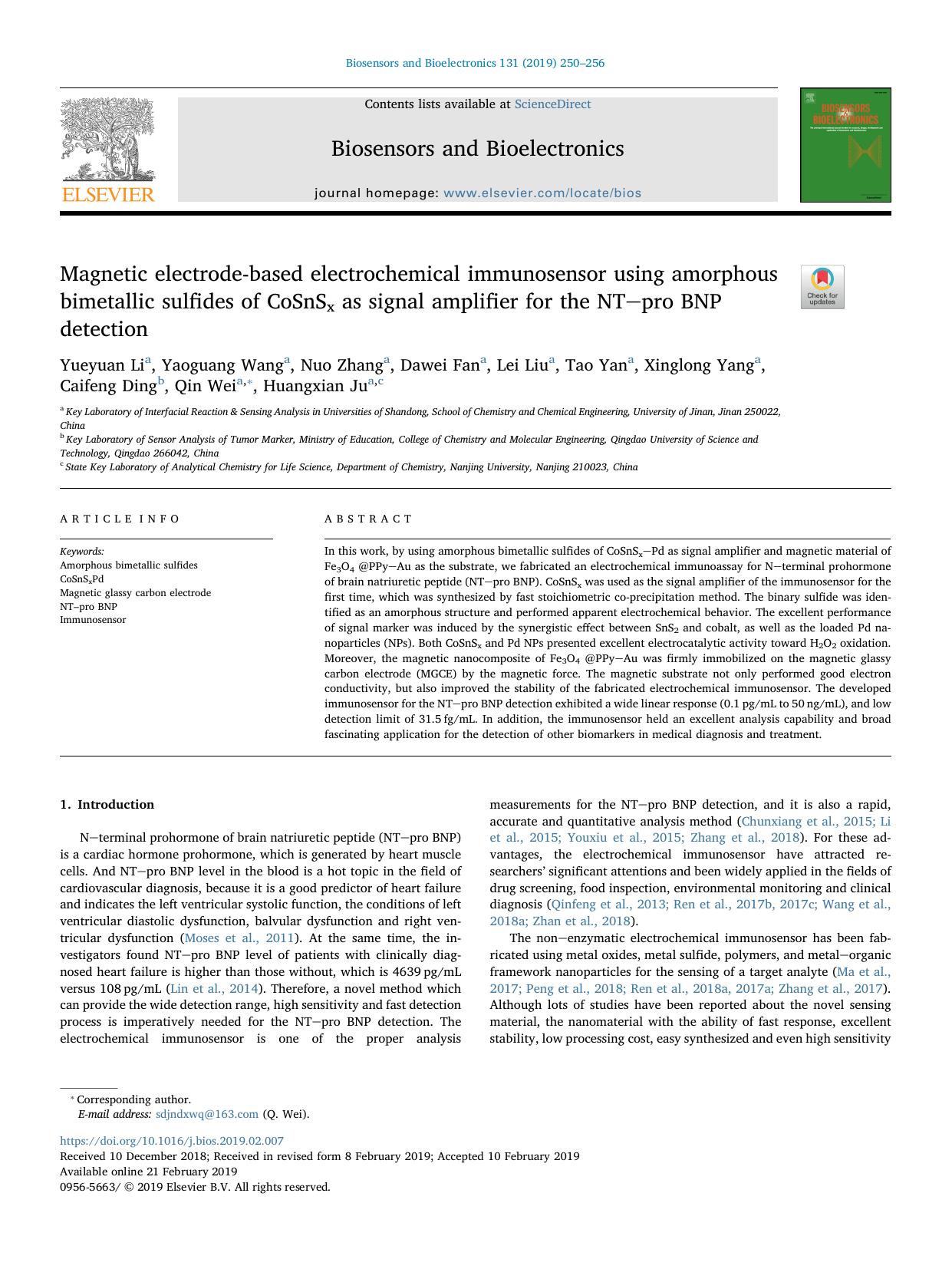 Magnetic electrode-based electrochemical immunosensor using amorphous bimetallic sulfides of CoSnSx as signal amplifier for the NTpro BNP detection by unknow