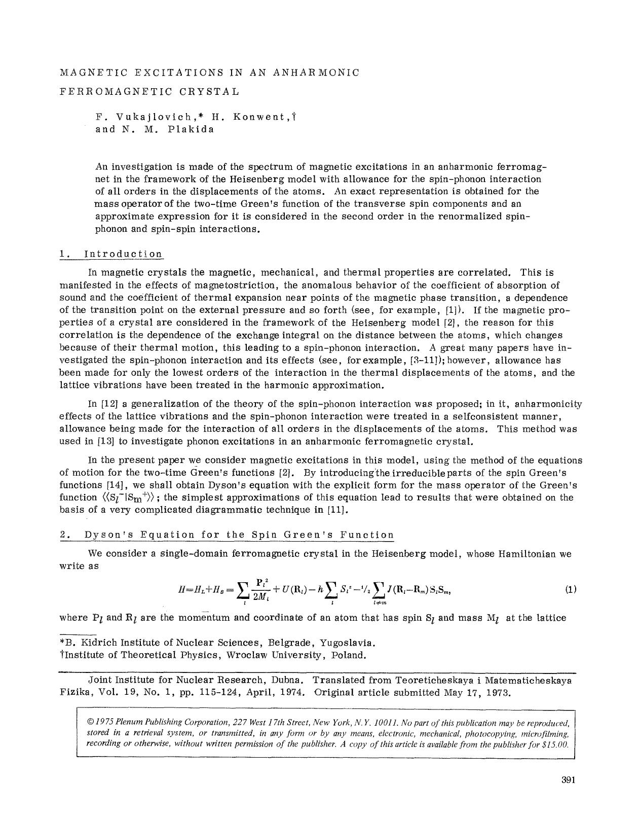 Magnetic excitations in an anharmonic ferromagnetic crystal by Unknown