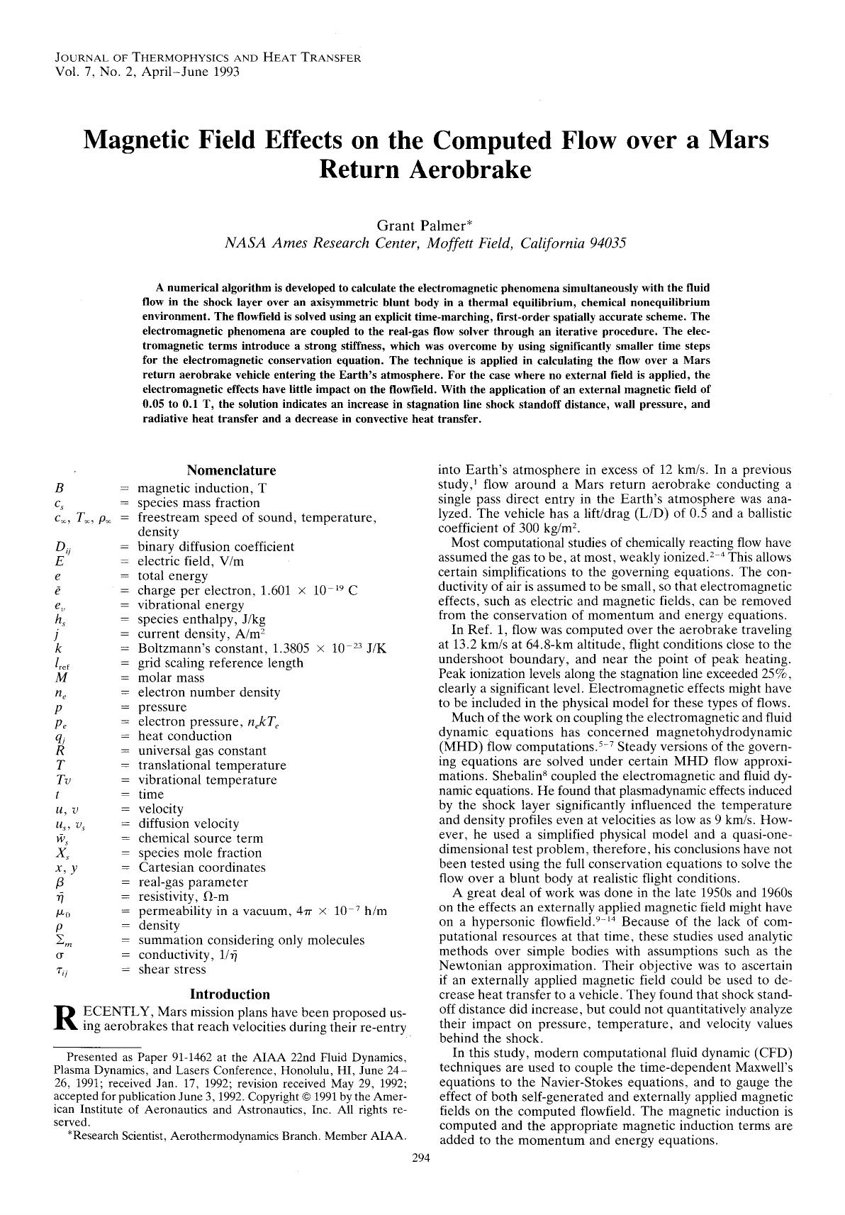 Magnetic field effects on the computed flow over a Mars return aerobrake by Unknown