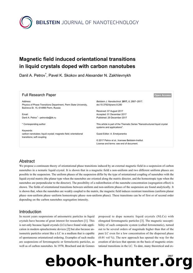 Magnetic field induced orientational transitions in liquid crystals doped with carbon nanotubes by Danil A. Petrov Pavel K. Skokov Alexander N. Zakhlevnykh