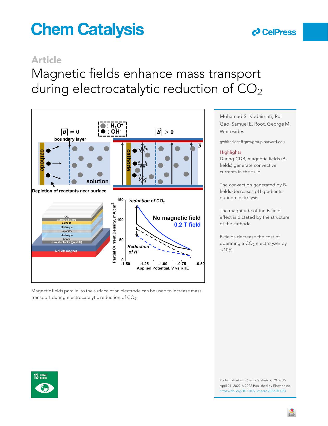Magnetic fields enhance mass transport during electrocatalytic reduction of CO2 by Mohamad S. Kodaimati & Rui Gao & Samuel E. Root & George M. Whitesides