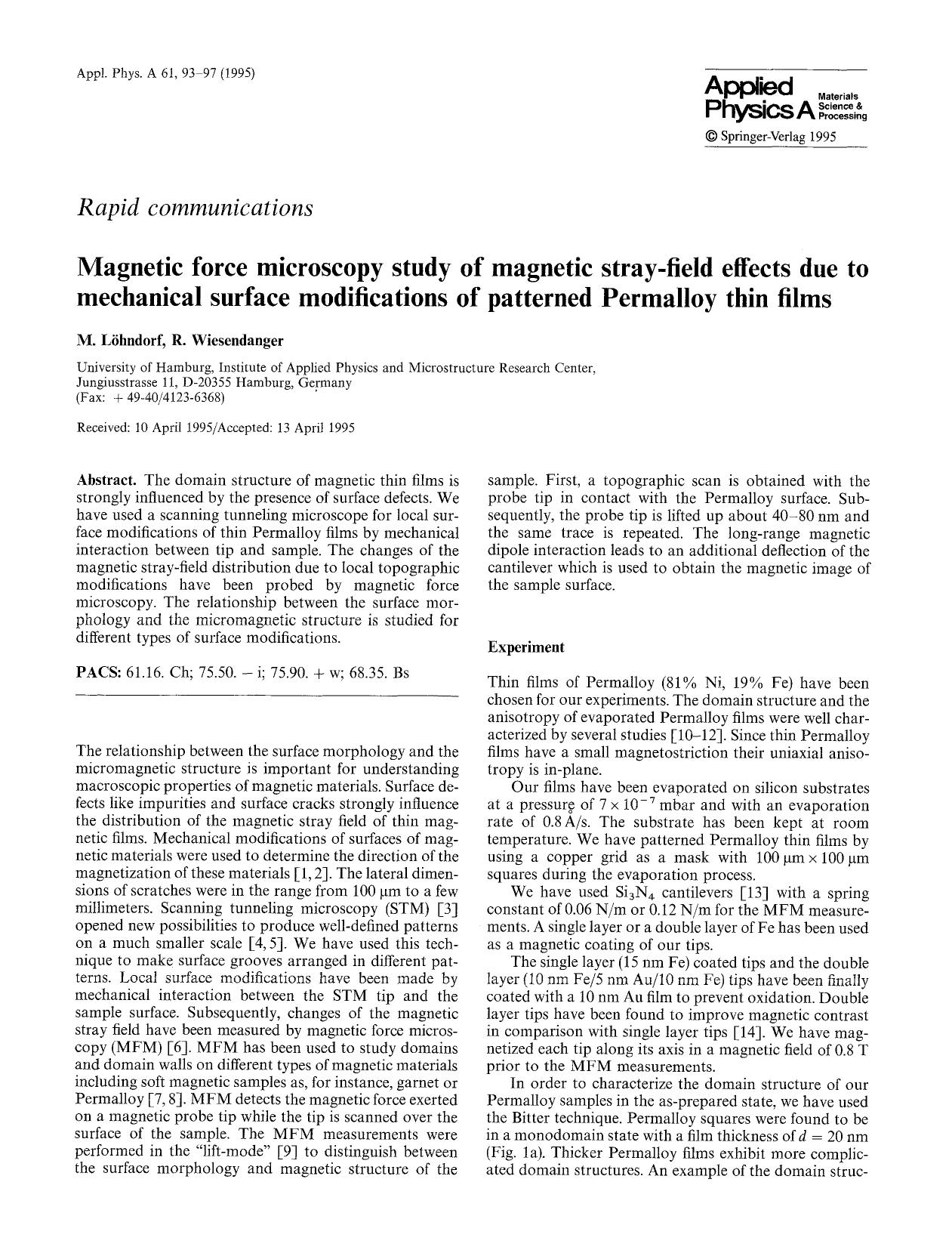 Magnetic force microscopy study of magnetic stray-field effects due to mechanical surface modifications of patterned Permalloy thin films by Unknown